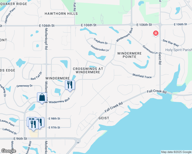 map of restaurants, bars, coffee shops, grocery stores, and more near 10991 Windermere Boulevard in Fishers