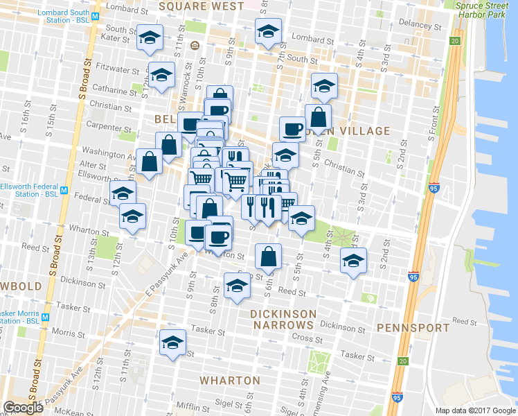map of restaurants, bars, coffee shops, grocery stores, and more near 1117 South 7th Street in Philadelphia
