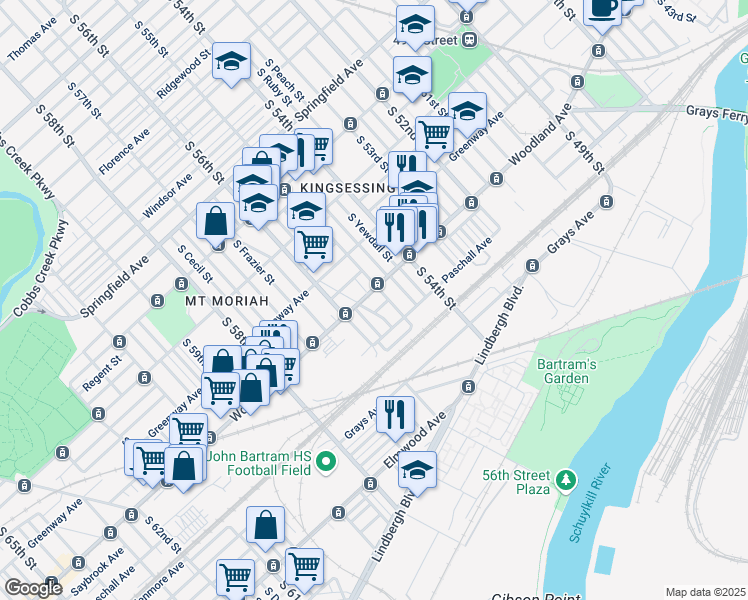 map of restaurants, bars, coffee shops, grocery stores, and more near 1826 South Vogdes Street in Philadelphia