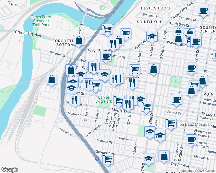 map of restaurants, bars, coffee shops, grocery stores, and more near 2922-28 Dickinson Street in Philadelphia