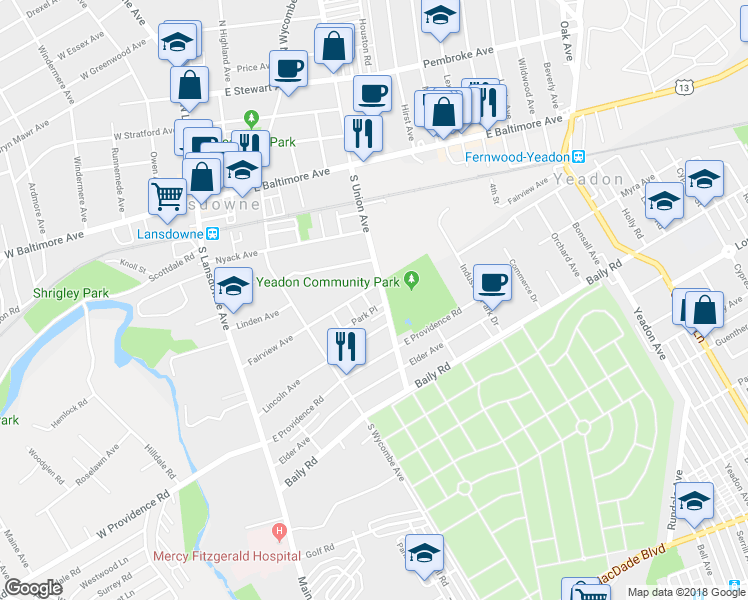 map of restaurants, bars, coffee shops, grocery stores, and more near 405 Hazel Avenue in Lansdowne