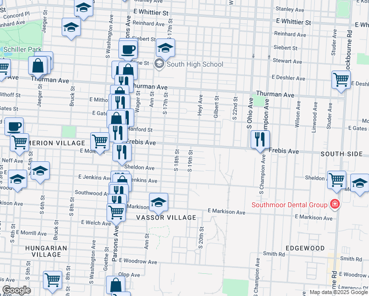 map of restaurants, bars, coffee shops, grocery stores, and more near 652 East Moler Street in Columbus