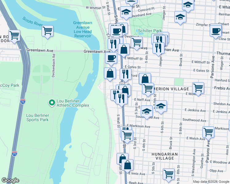map of restaurants, bars, coffee shops, grocery stores, and more near 1351 South High Street in Columbus