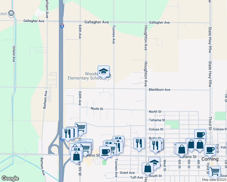 map of restaurants, bars, coffee shops, grocery stores, and more near 250 Toomes Avenue in Corning