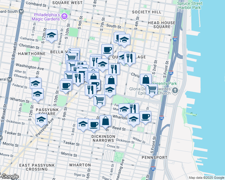 map of restaurants, bars, coffee shops, grocery stores, and more near 540 Washington Avenue in Philadelphia