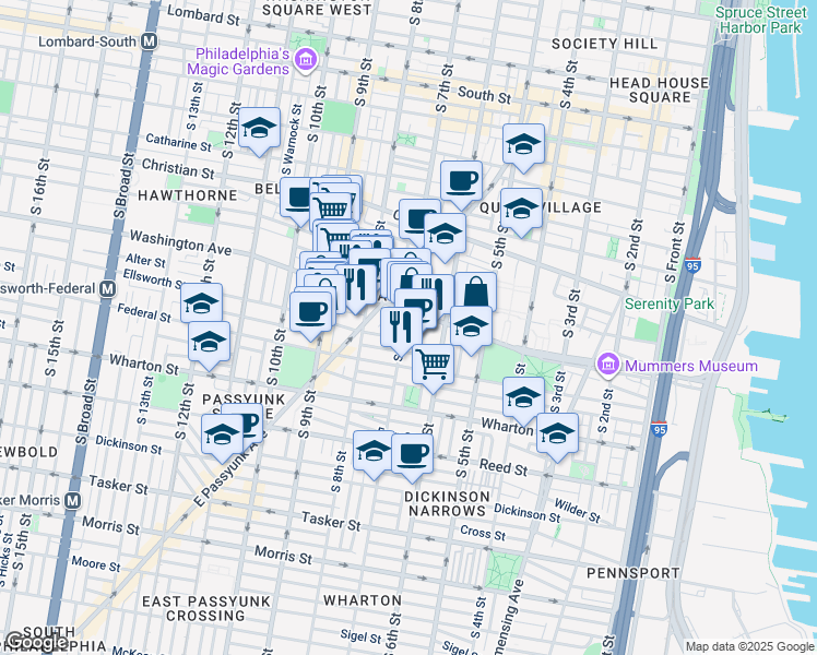 map of restaurants, bars, coffee shops, grocery stores, and more near 1117 South 7th Street in Philadelphia