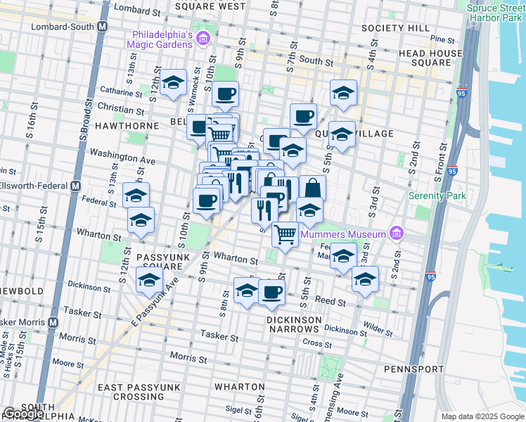 map of restaurants, bars, coffee shops, grocery stores, and more near 709 Annin Street in Philadelphia