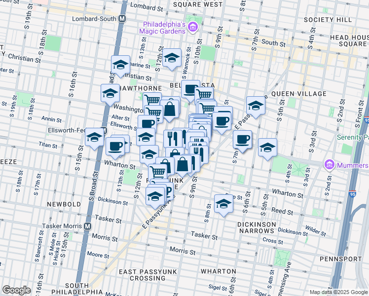 map of restaurants, bars, coffee shops, grocery stores, and more near 1200 South 10th Street in Philadelphia
