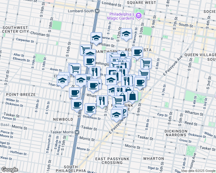 map of restaurants, bars, coffee shops, grocery stores, and more near 1162 South 12th Street in Philadelphia