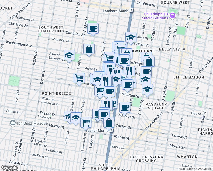 map of restaurants, bars, coffee shops, grocery stores, and more near 1256 South 15th Street in Philadelphia