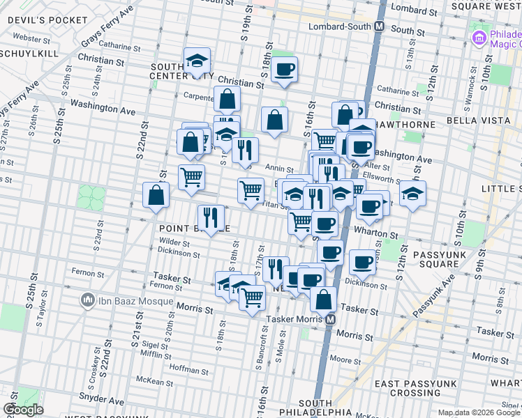 map of restaurants, bars, coffee shops, grocery stores, and more near 1308 South 17th Street in Philadelphia