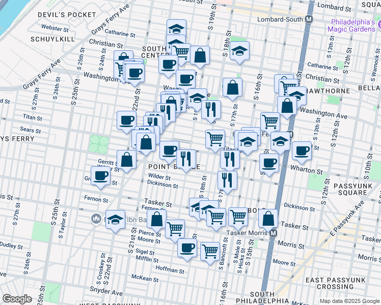 map of restaurants, bars, coffee shops, grocery stores, and more near 1325 South 19th Street in Philadelphia