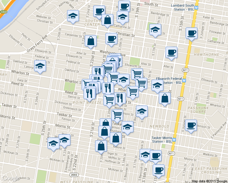 map of restaurants, bars, coffee shops, grocery stores, and more near in Philadelphia