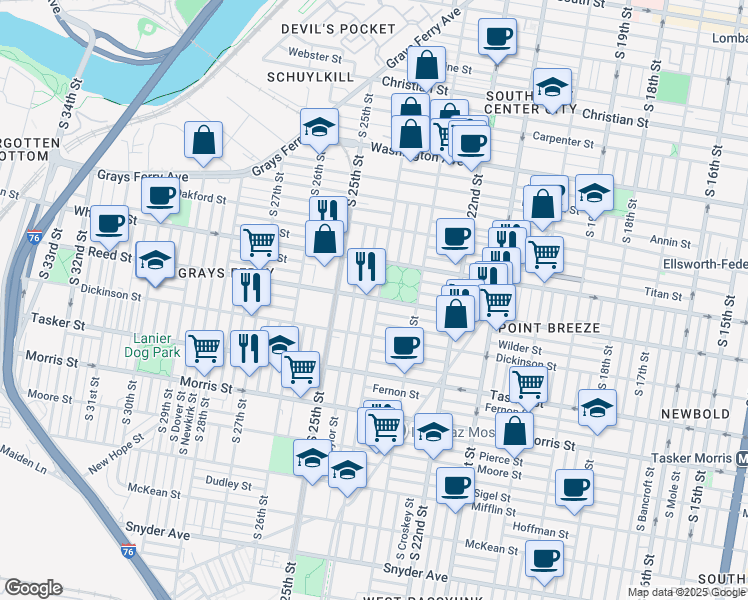 map of restaurants, bars, coffee shops, grocery stores, and more near 1422 South 24th Street in Philadelphia