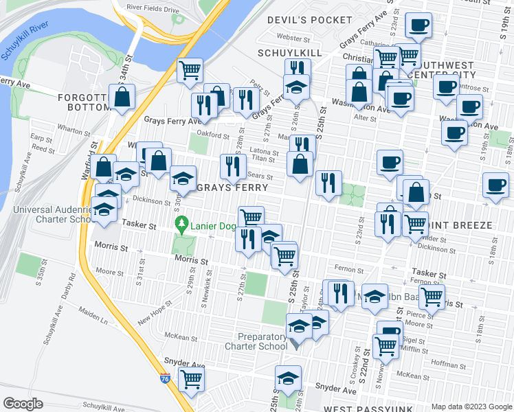 map of restaurants, bars, coffee shops, grocery stores, and more near 2641 Dickinson Street in Philadelphia