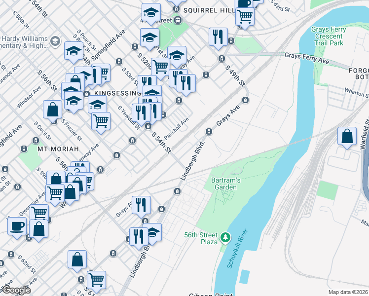 map of restaurants, bars, coffee shops, grocery stores, and more near 5345 Grays Avenue in Philadelphia