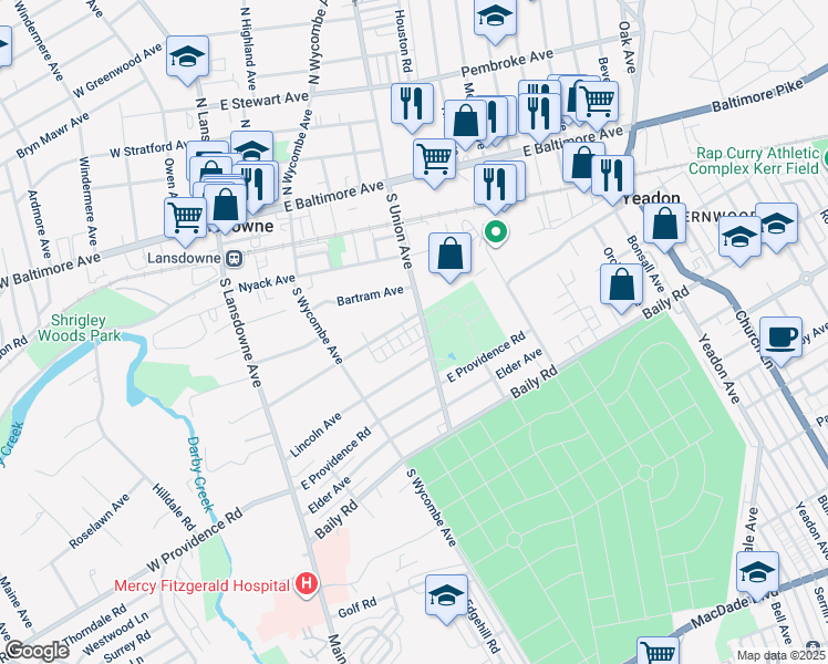 map of restaurants, bars, coffee shops, grocery stores, and more near 405 Hazel Avenue in Lansdowne