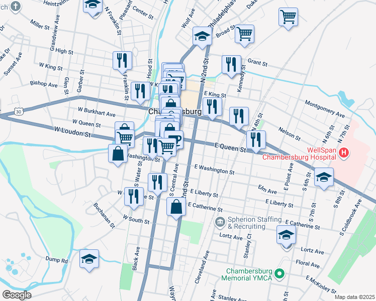 map of restaurants, bars, coffee shops, grocery stores, and more near 162 South 2nd Street in Chambersburg