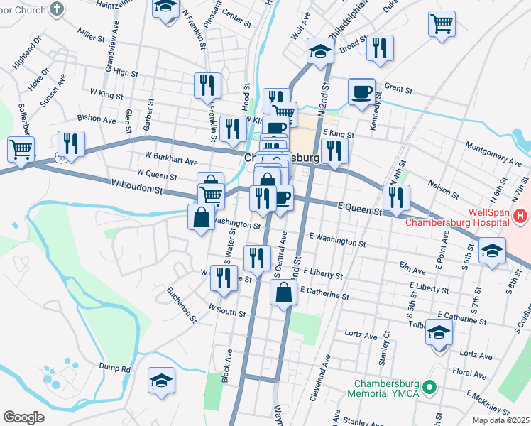 map of restaurants, bars, coffee shops, grocery stores, and more near 9 West Washington Street in Chambersburg