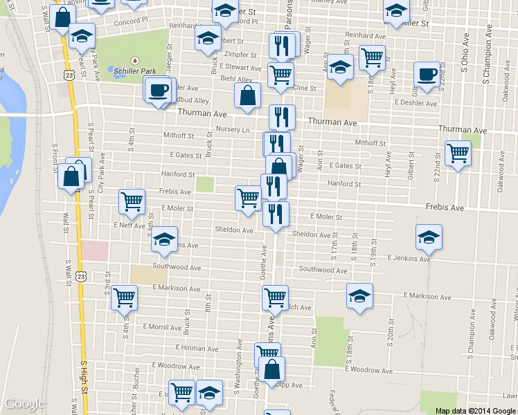 map of restaurants, bars, coffee shops, grocery stores, and more near 1441 Parsons Avenue in Columbus