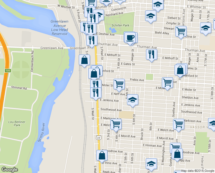 map of restaurants, bars, coffee shops, grocery stores, and more near 1357 City Park Avenue in Columbus