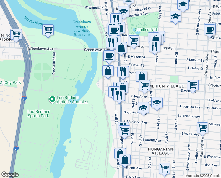map of restaurants, bars, coffee shops, grocery stores, and more near 64 West Neff Avenue in Columbus