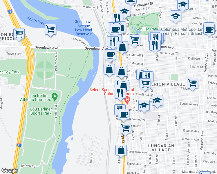 map of restaurants, bars, coffee shops, grocery stores, and more near 64 West Neff Avenue in Columbus
