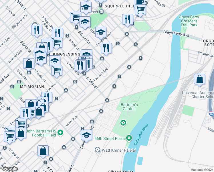 map of restaurants, bars, coffee shops, grocery stores, and more near 5315 Grays Avenue in Philadelphia