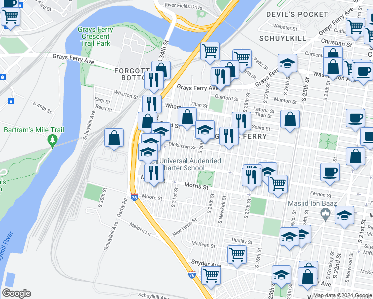 map of restaurants, bars, coffee shops, grocery stores, and more near 1504 South Stanley Street in Philadelphia