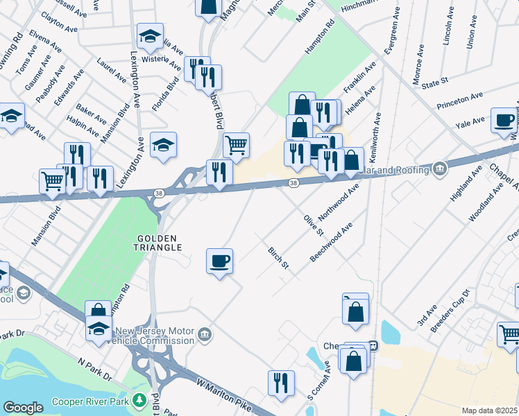 map of restaurants, bars, coffee shops, grocery stores, and more near 535 Route 38 in Cherry Hill