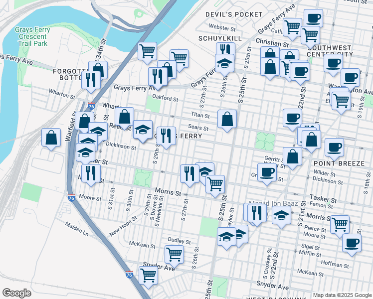 map of restaurants, bars, coffee shops, grocery stores, and more near 1434 South Etting Street in Philadelphia