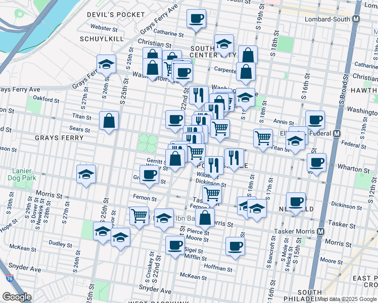 map of restaurants, bars, coffee shops, grocery stores, and more near 2115 Earp Street in Philadelphia