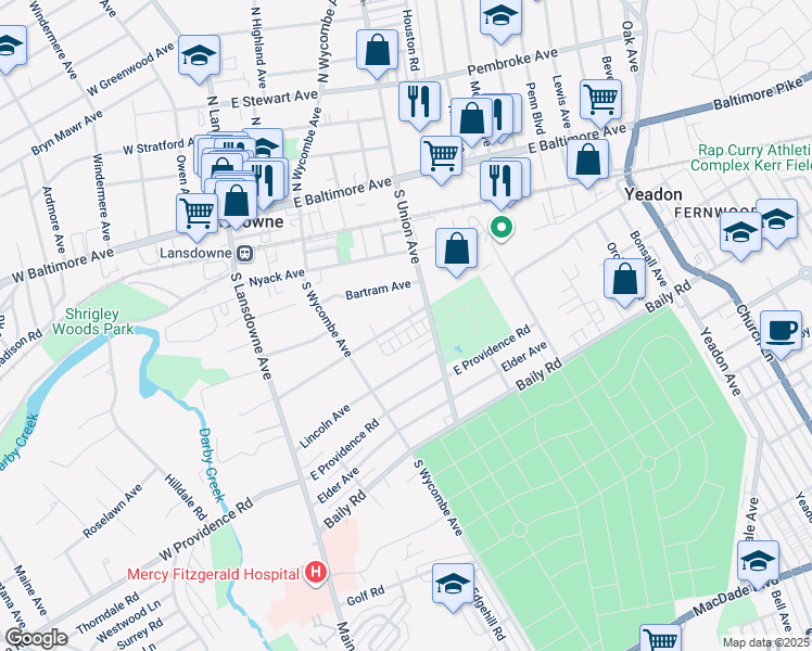 map of restaurants, bars, coffee shops, grocery stores, and more near 178 Fairview Avenue in Yeadon