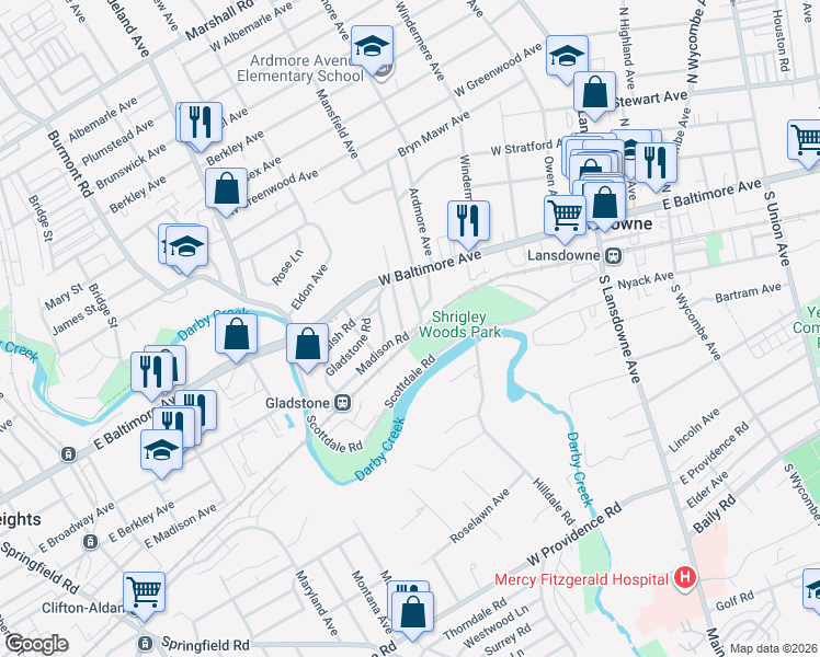 map of restaurants, bars, coffee shops, grocery stores, and more near 27 Madison Road in Lansdowne