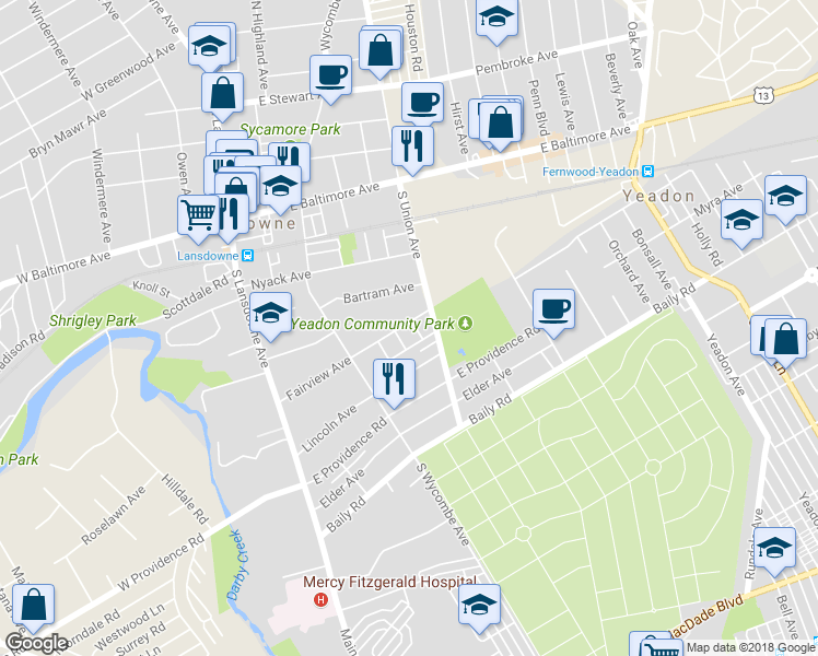 map of restaurants, bars, coffee shops, grocery stores, and more near 178 Fairview Avenue in Yeadon