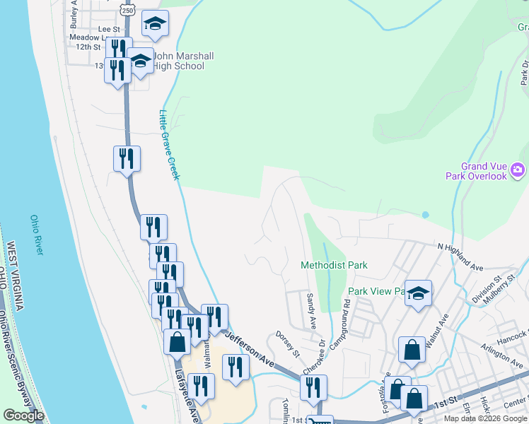 map of restaurants, bars, coffee shops, grocery stores, and more near 206 Blaney Avenue in Moundsville