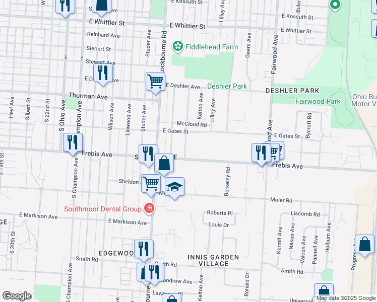 map of restaurants, bars, coffee shops, grocery stores, and more near in Columbus