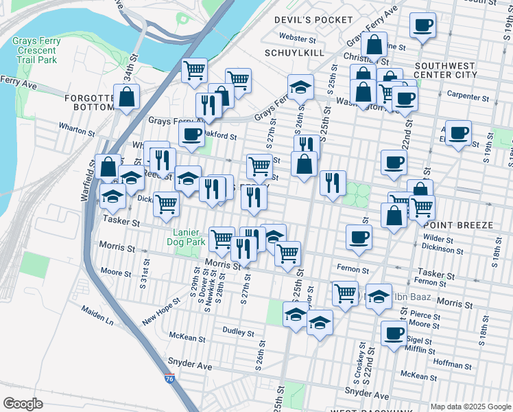 map of restaurants, bars, coffee shops, grocery stores, and more near 1430 South 27th Street in Philadelphia
