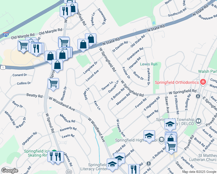 map of restaurants, bars, coffee shops, grocery stores, and more near 39 Server Lane in Springfield