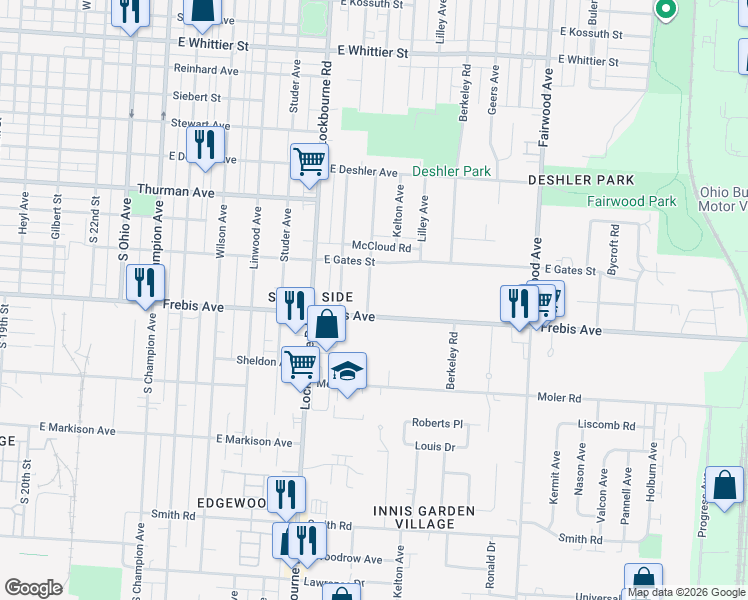 map of restaurants, bars, coffee shops, grocery stores, and more near in Columbus