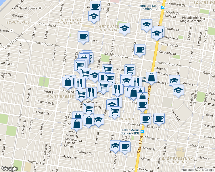 map of restaurants, bars, coffee shops, grocery stores, and more near 1255 South 18th Street in Philadelphia