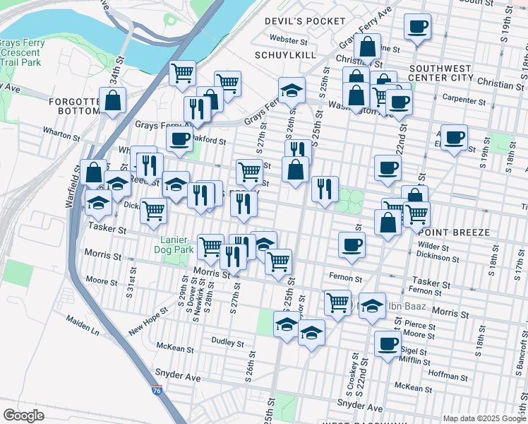 map of restaurants, bars, coffee shops, grocery stores, and more near 2624 Gerritt Street in Philadelphia
