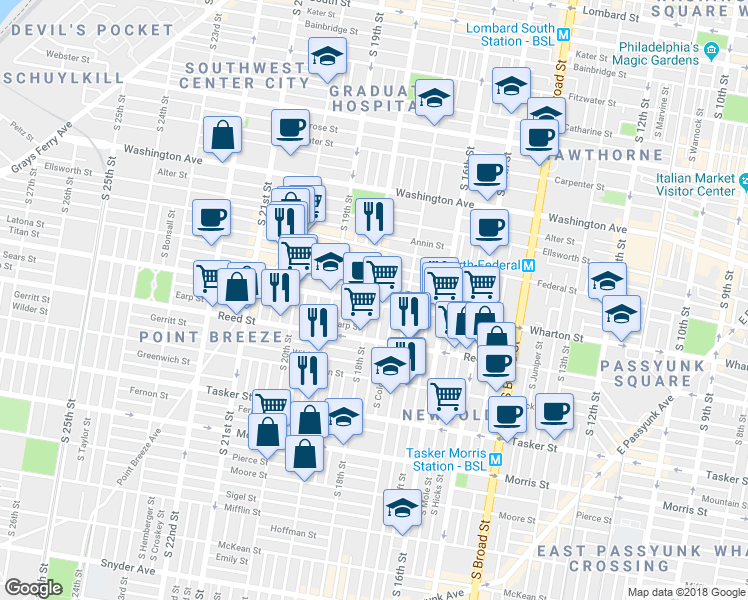 map of restaurants, bars, coffee shops, grocery stores, and more near 1255 South 18th Street in Philadelphia