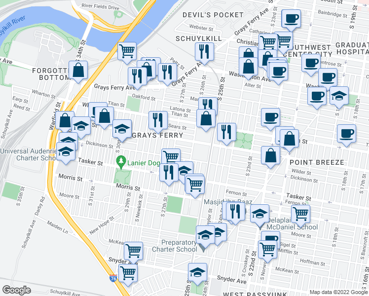 map of restaurants, bars, coffee shops, grocery stores, and more near 2624 Gerritt Street in Philadelphia