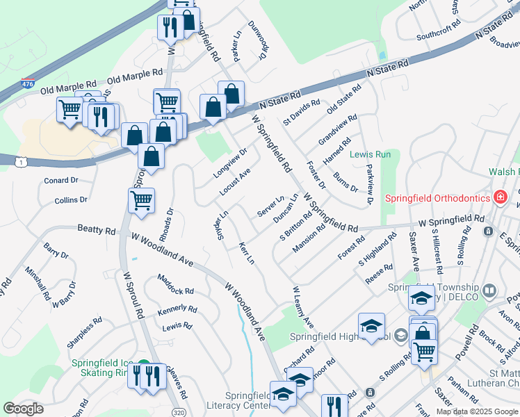 map of restaurants, bars, coffee shops, grocery stores, and more near 54 Server Lane in Springfield
