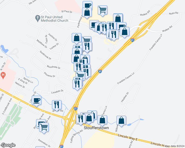 map of restaurants, bars, coffee shops, grocery stores, and more near 290 Walker Road in Chambersburg