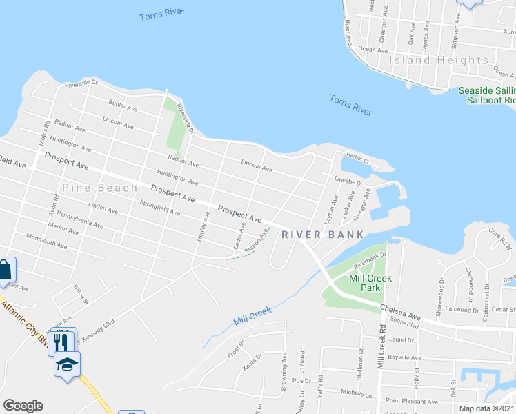 map of restaurants, bars, coffee shops, grocery stores, and more near 905 Huntington Avenue in Pine Beach