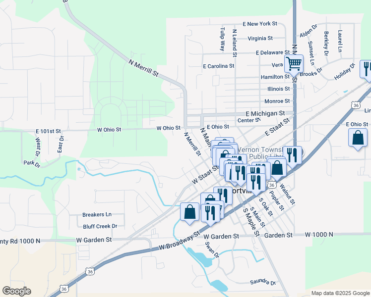 map of restaurants, bars, coffee shops, grocery stores, and more near 207 North McCarty Street in Fortville