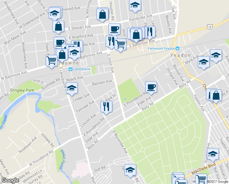 map of restaurants, bars, coffee shops, grocery stores, and more near 403 Hazel Avenue in Lansdowne