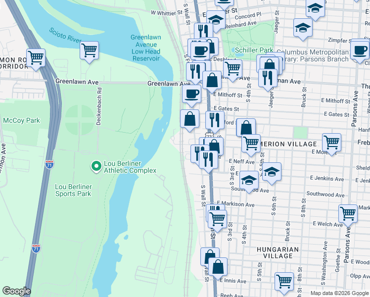 map of restaurants, bars, coffee shops, grocery stores, and more near 64 West Neff Avenue in Columbus